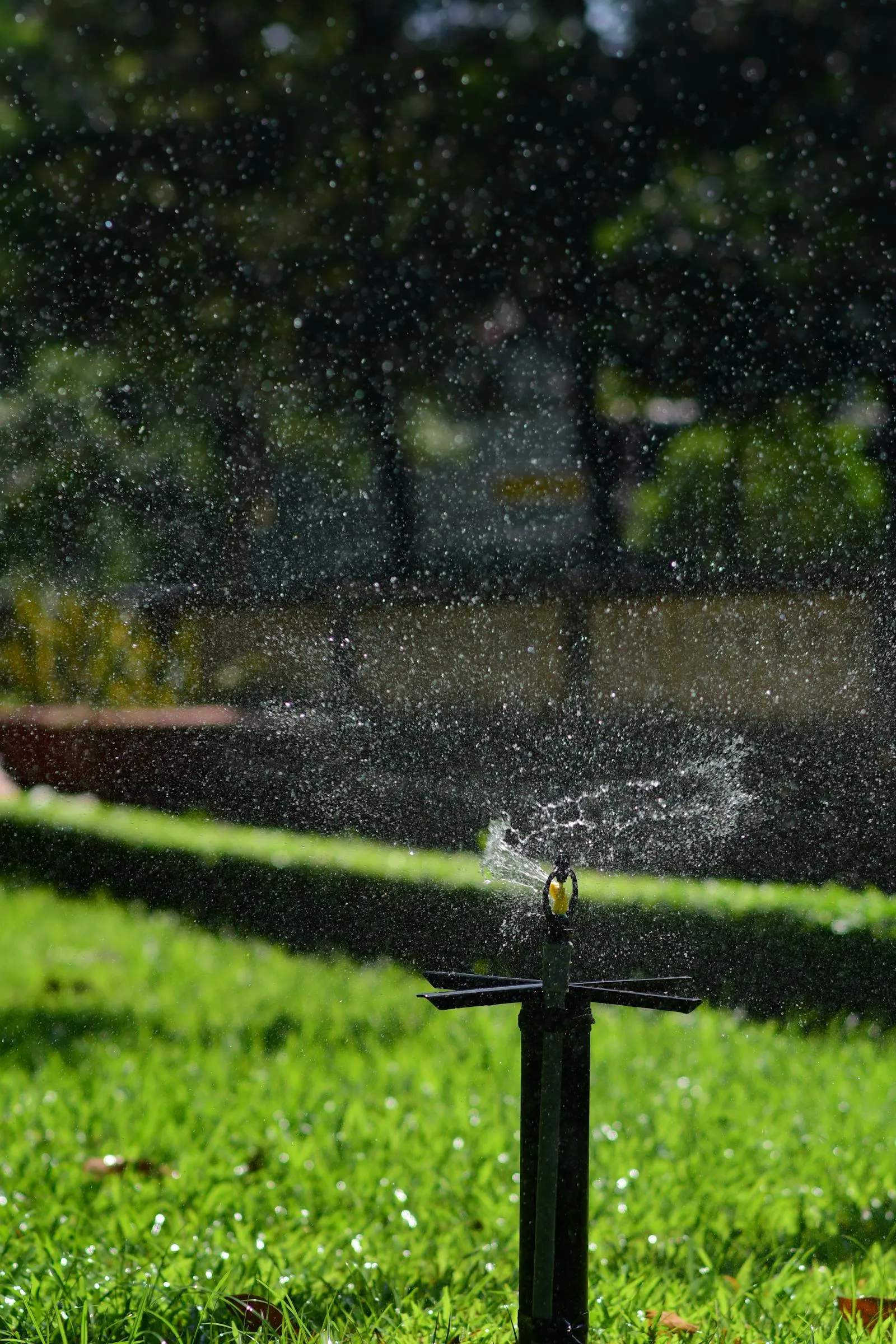 Pop-up sprinkler head spraying a recently installed sod lawn