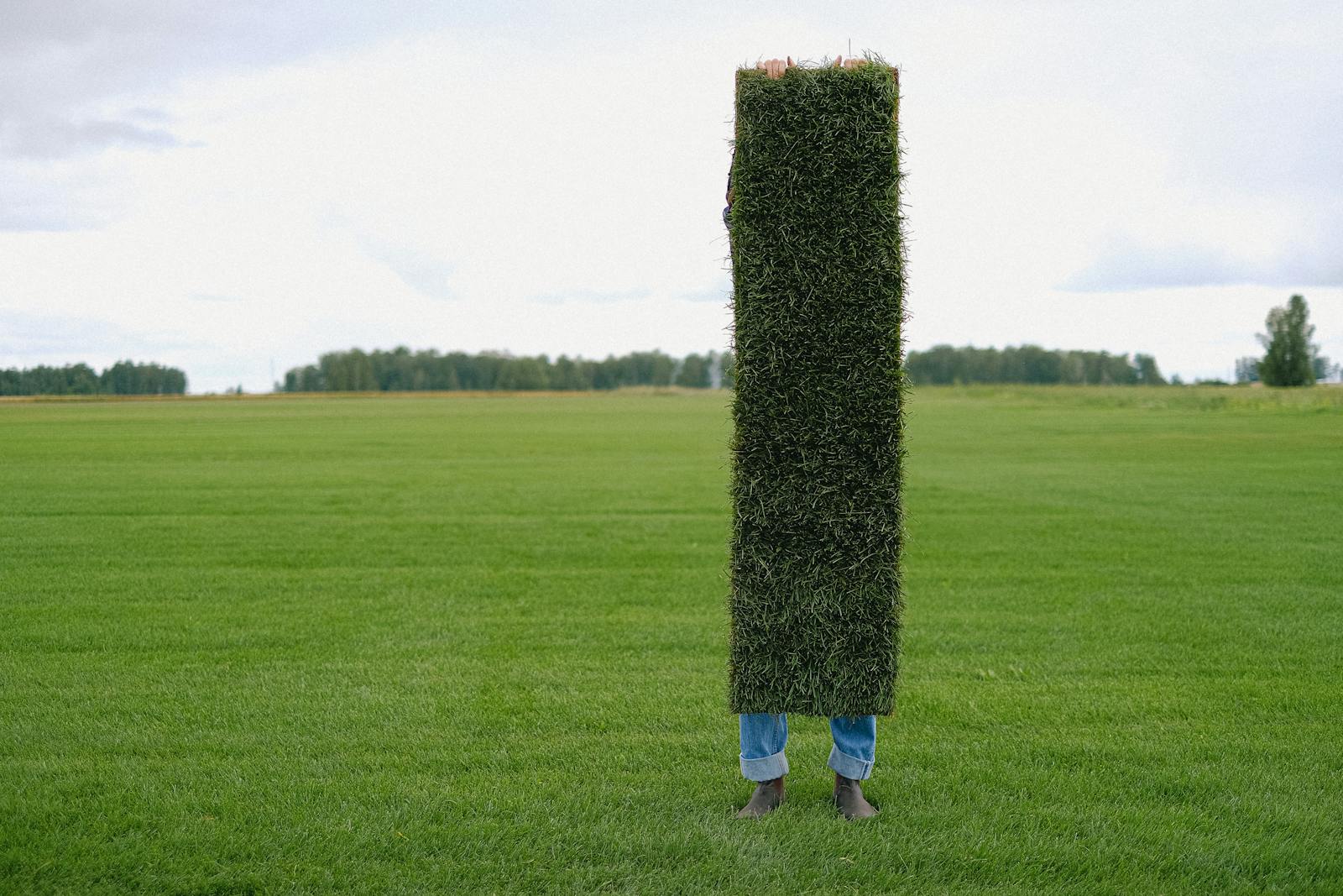 Crew member carrying a fresh Bermuda sod roll across a prepped yard
